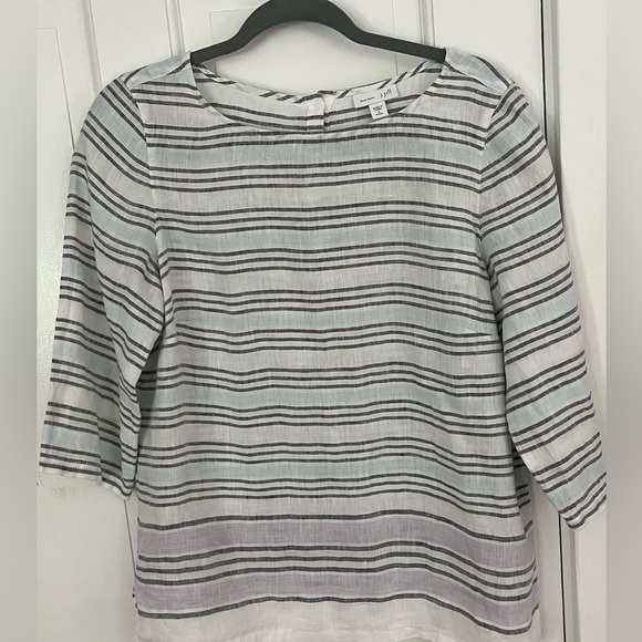 J. Jill 100% Linen Shirt Stripes Muted lavender Blue Coastal Grandma SP Beachy - Picture 1 of 10